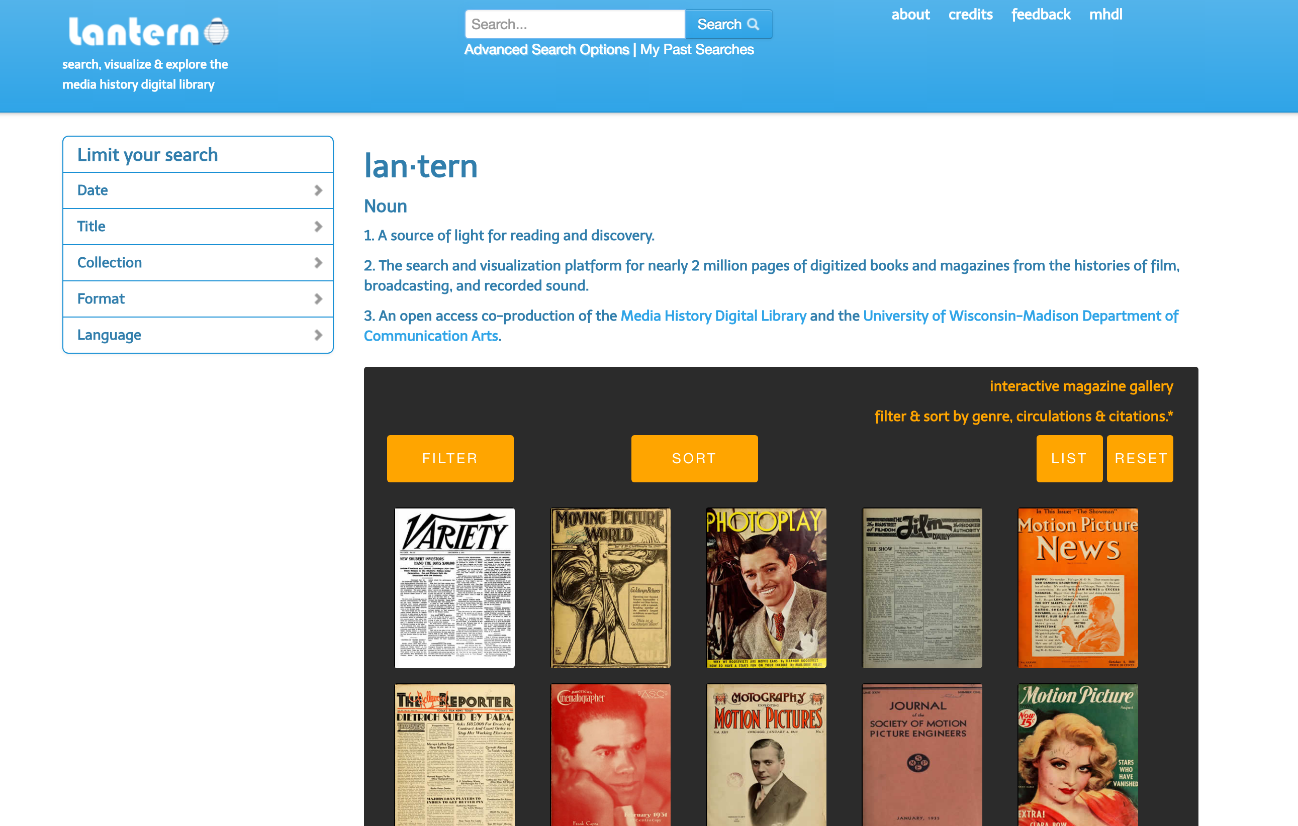 Screenshot of the first public version of the Lantern website. It features a cerulean navigation menu and a grey and orange interactive visualiztion of journal covers.