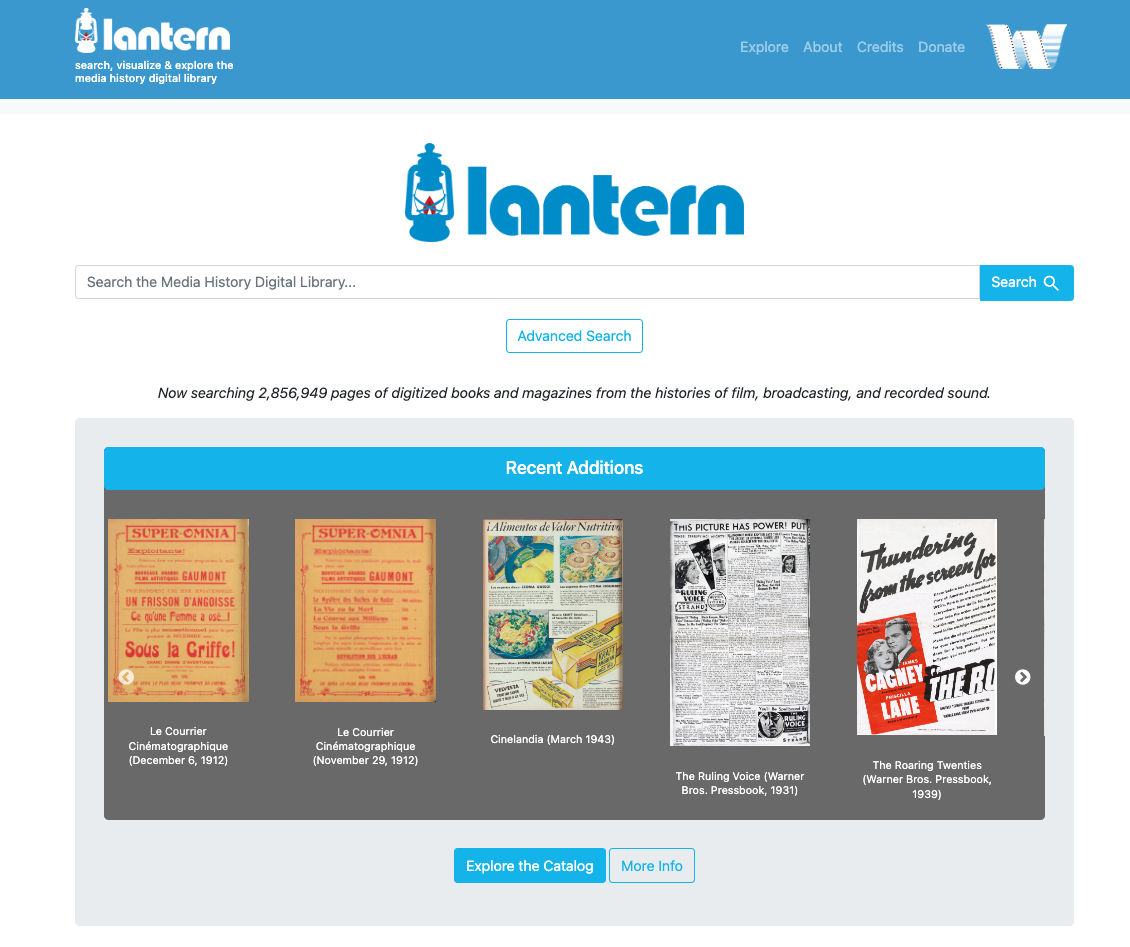 Screenshot of the new version of the Lantern website. It features a cerulean navigation menu and a row of images of magazine and pressbook covers. The Lantern logo is featured prominently at the center of the page.