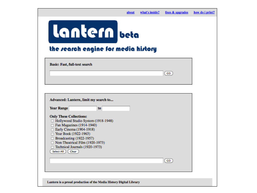 Screenshot of a simple website. The title headings read 'lantern beta' and 'the search engine for the media history digital library.'